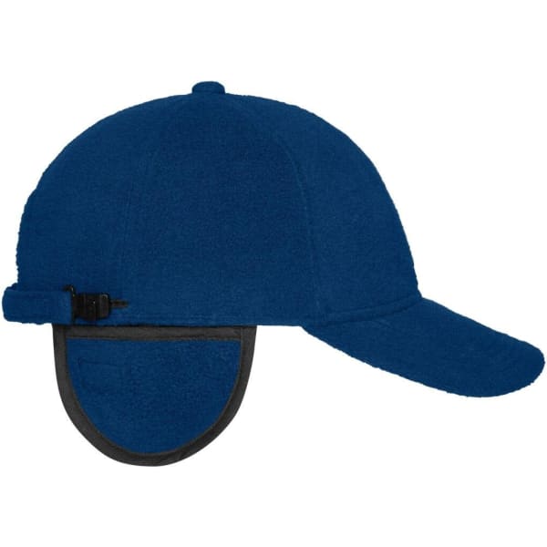 A blue fleece cap with earflaps and an adjustable strap, featuring a logo on the side.