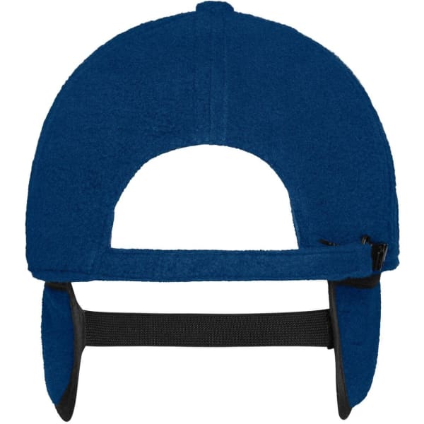 A blue fleece cap with earflaps and an adjustable strap at the back, featuring a logo.