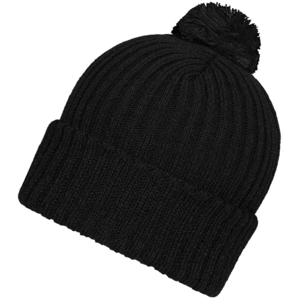 A black knitted beanie with a pompon on top and a folded cuff. It features a branding logo.