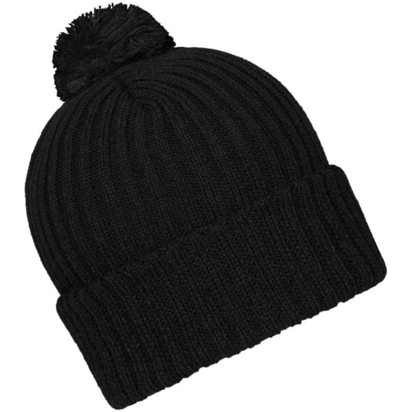 A black knitted beanie with a pompon on top, featuring a textured ribbed design.