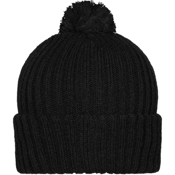 A black knitted beanie with a pompon on top and a ribbed design, featuring a branding logo.