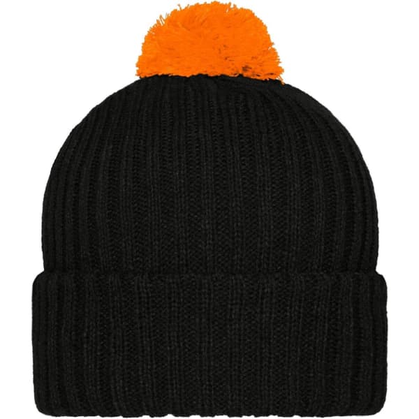 A black knitted beanie featuring an orange pompon on top. The beanie has a ribbed texture and a logo.