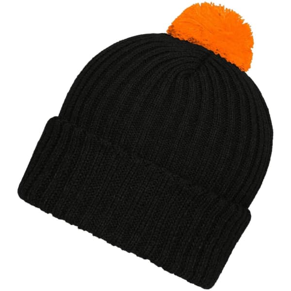 A knitted black beanie with a bright orange pompon on top, featuring a ribbed design and a logo.