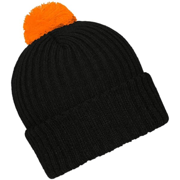 A black knitted beanie with a bright orange pompon on top and a ribbed design. Features a logo.
