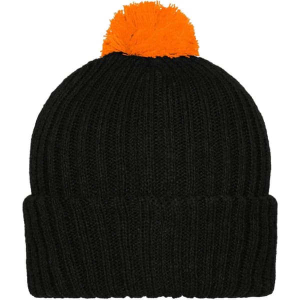 A black knitted beanie featuring a bright orange pompon on top and a ribbed design. It has a logo tag.