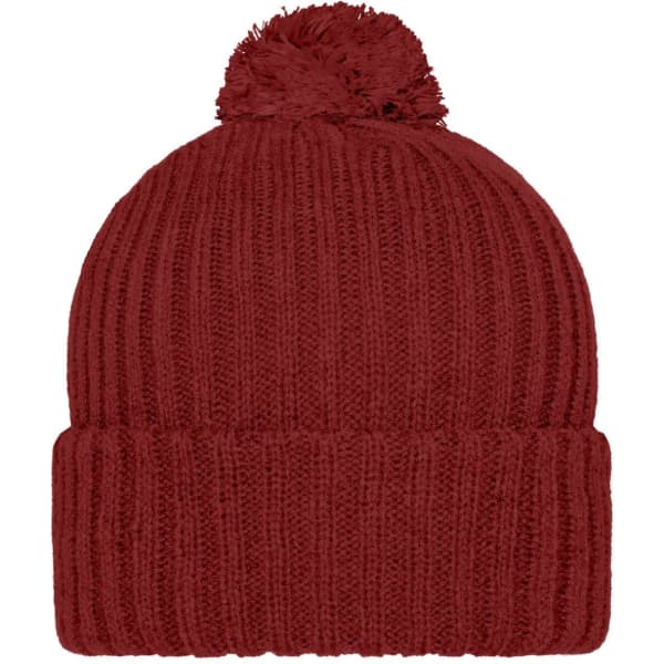 A knitted beanie in a deep burgundy shade, featuring a fluffy pompon on top and a ribbed design.