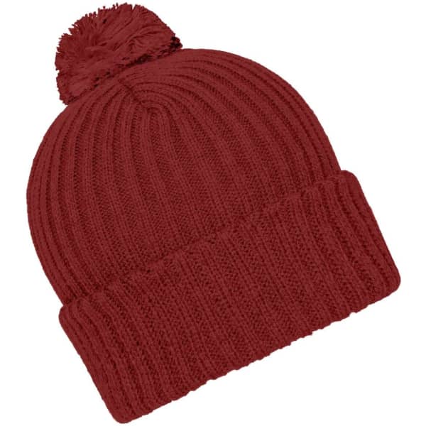 A knitted beanie in a rich red colour with a fluffy pompon on top. Features a ribbed texture and folded cuff.