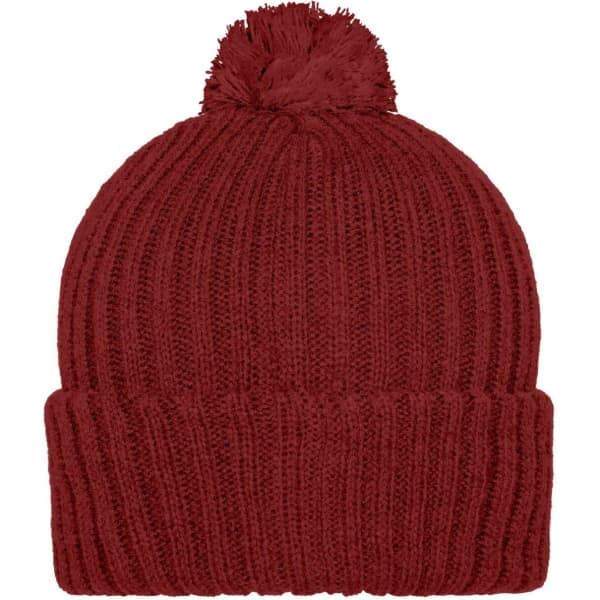 A knitted beanie in a rich burgundy shade, featuring a fluffy pompon on top and a ribbed design.