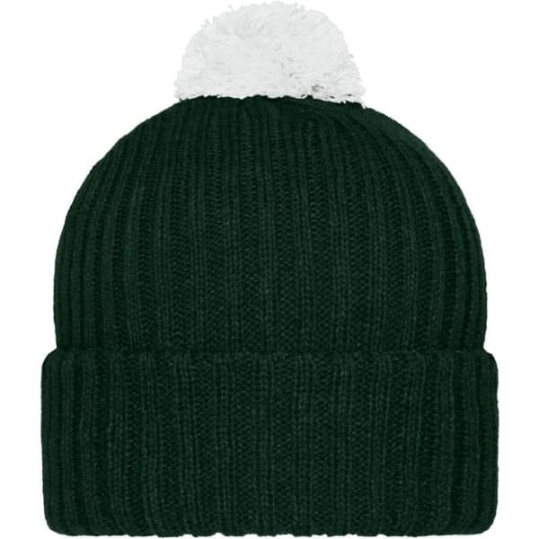 A green knitted beanie with a white pompon on top. The beanie features a ribbed design and has a logo.