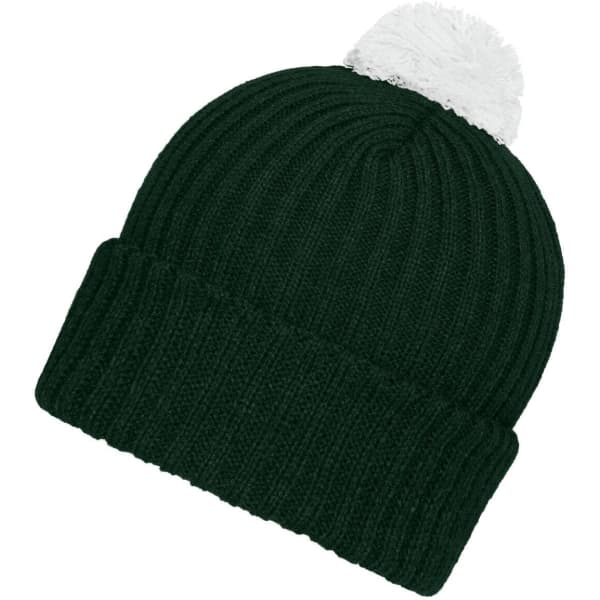 A green knitted beanie featuring a white pompon on top and a ribbed texture. It has a logo on the side.