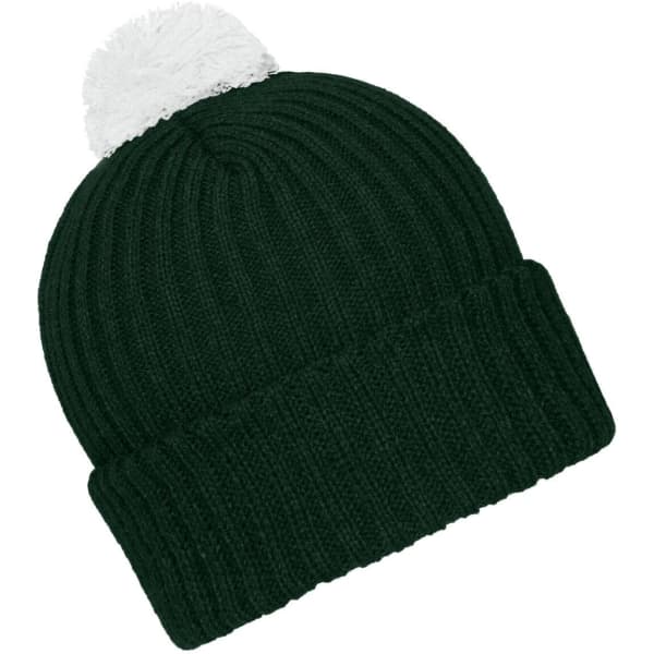 A dark green knitted beanie with a white pompon on top, featuring a ribbed texture. It has a logo visible.