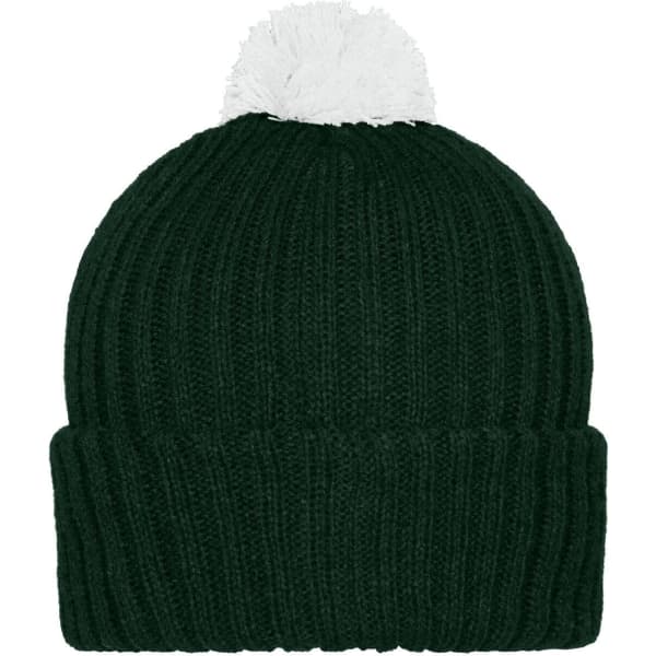 A knitted beanie in dark green with a white pompon on top. The beanie features a ribbed design and a folded cuff.