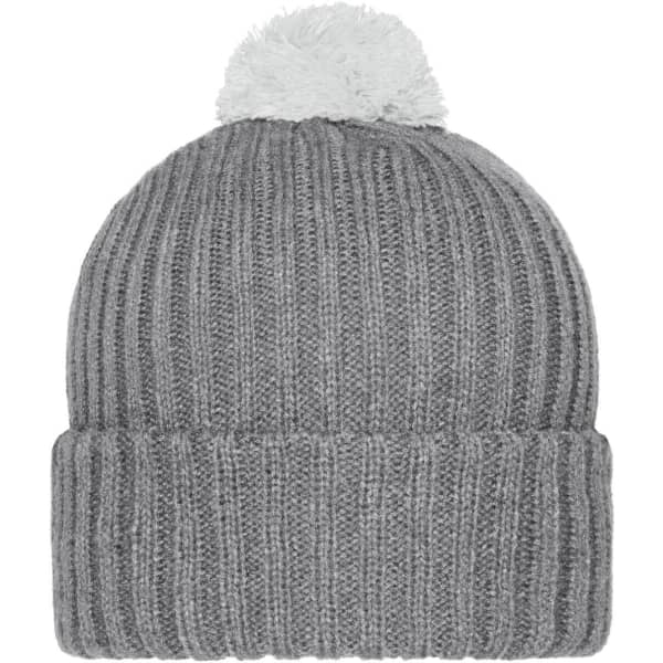 A grey knitted beanie with a white pompon on top. It features a ribbed design and a folded brim.