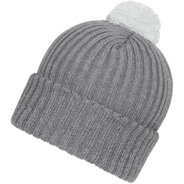 A grey knitted beanie with a white pompon on top, featuring ribbed detailing. It has a logo on it.
