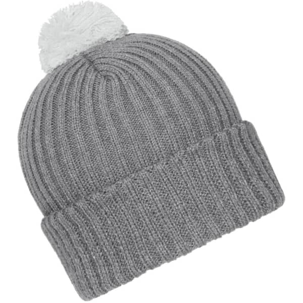 A grey knitted beanie with a white pompon on top. It features a ribbed texture and a folded cuff.
