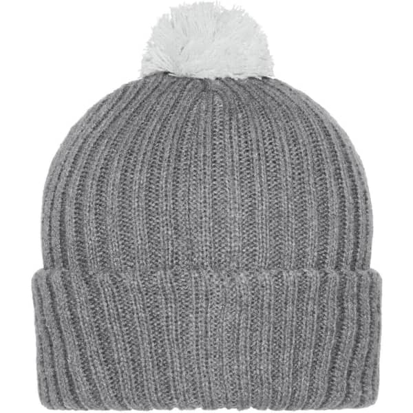 A grey knitted beanie with a white pompon on top, featuring a ribbed texture and foldable brim.