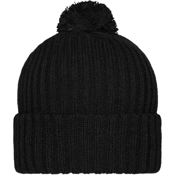 A knitted beanie in black featuring a pompon on top and a ribbed design. It has a logo on the side.