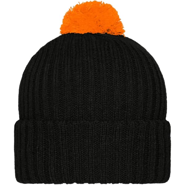 A knitted black beanie featuring a bright orange pompon on top and a ribbed texture.
