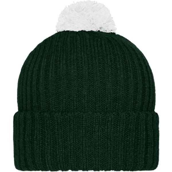 A dark green knitted beanie with a white pompon on top. Features a ribbed texture and a cuffed design.