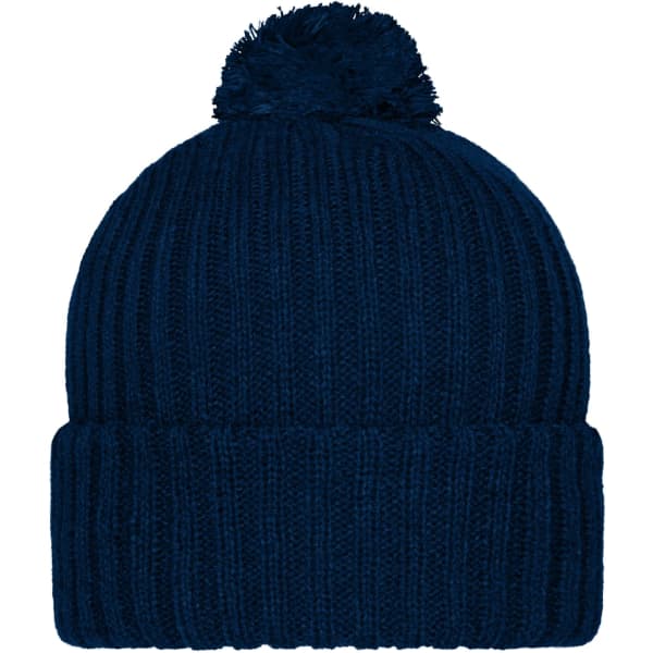 A knitted navy blue beanie with a pompon on top and a ribbed design. The beanie features a logo.