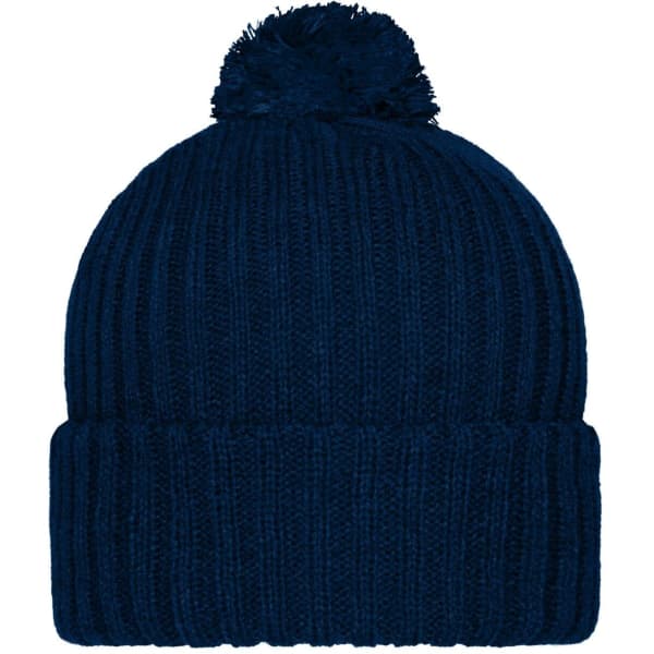 A navy knitted beanie with a pompon on top. The beanie features a ribbed texture and has a logo.