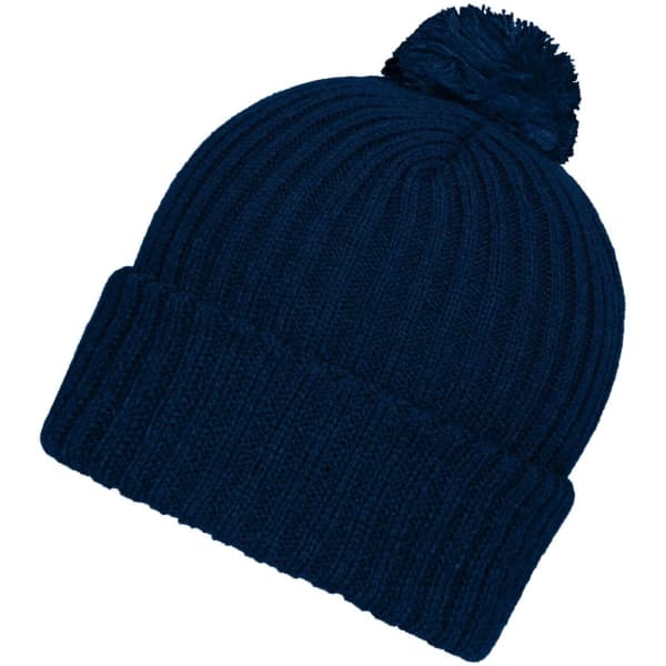 A navy knitted beanie with a ribbed texture and a pompon on top, featuring a logo.
