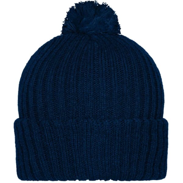 A navy knitted beanie with a pompon on top. It features a ribbed texture and a fold-over cuff.