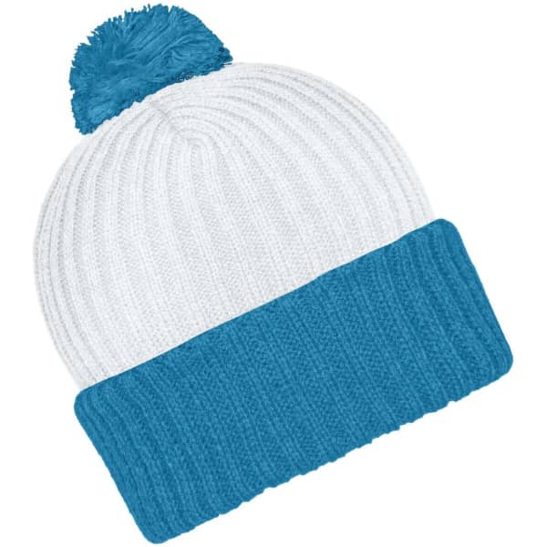 A knitted beanie with a blue pompon and a blue ribbed cuff, featuring a white body.