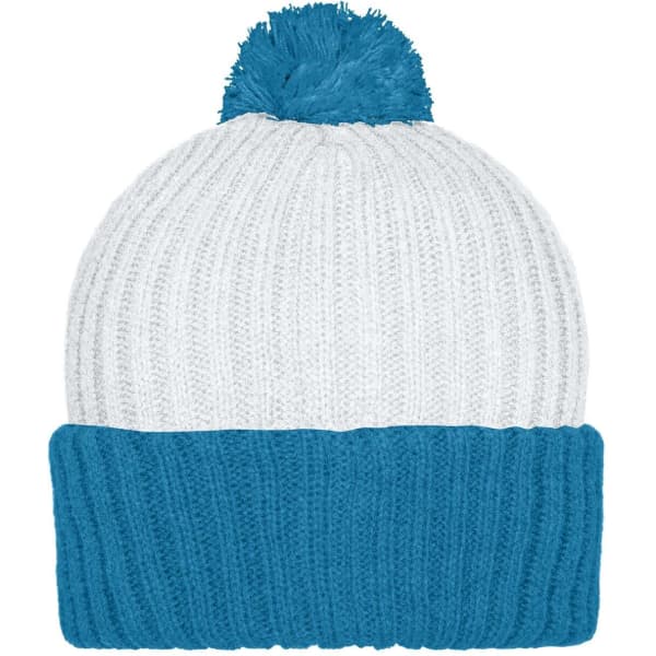 A knitted beanie featuring a white body, blue cuff, and a blue pompon on top. It includes a brand logo.