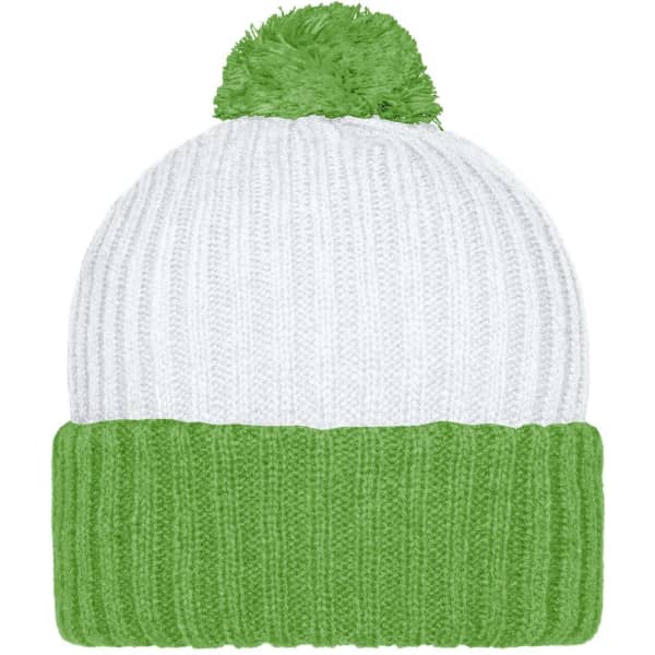 A knitted beanie with a green pompon, featuring a white top section and a green ribbed band.