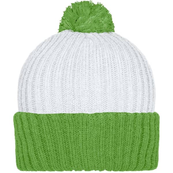 A knitted beanie in white with a green cuff and pompon on top, featuring a simple design and soft texture.