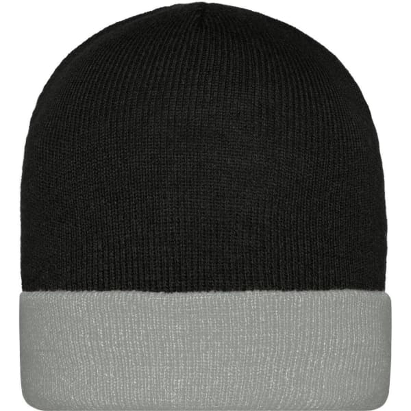 A knitted beanie in black with a grey cuff. The beanie features a logo or branding.