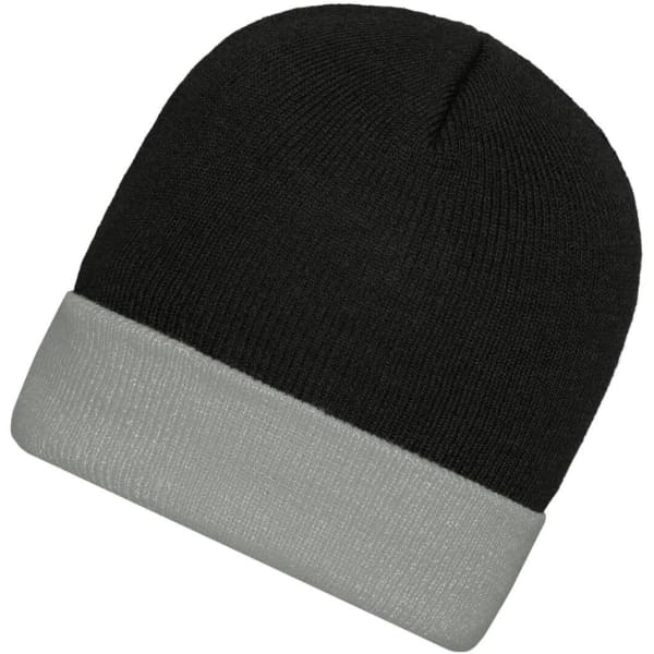 A knitted beanie in black with a grey cuff, featuring a logo. Ideal for cooler weather.