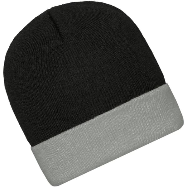 A knitted beanie in black with a light grey folded cuff. The beanie features a logo on the side.