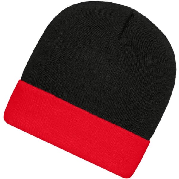 A knitted beanie in black with a red cuff, featuring a small logo on the side.