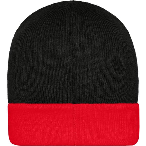 A knitted beanie featuring a black body and a red cuff, with a logo on the side.