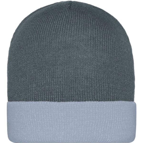 A knitted beanie in dark grey with a light grey cuff, featuring a logo on the side.