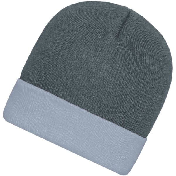 A knitted beanie in a dark grey colour with a light grey cuff, featuring a small logo.