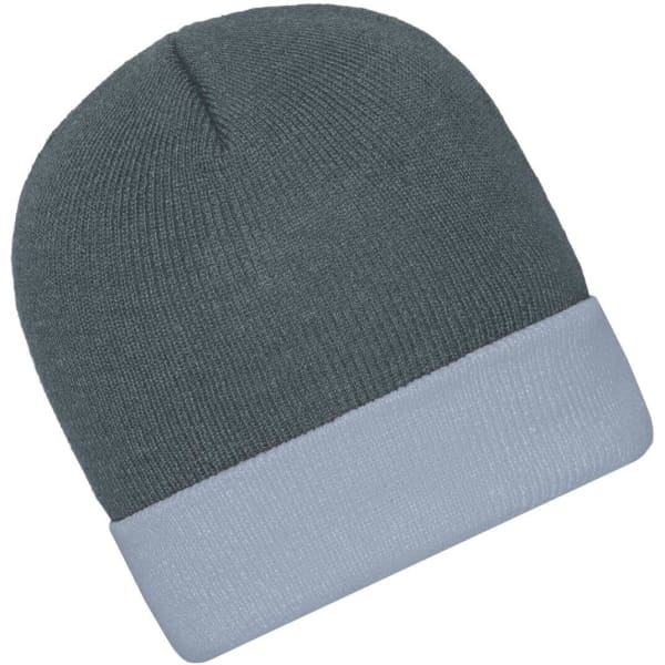 A knitted beanie in a grey tone with a light blue cuff. Features a logo.