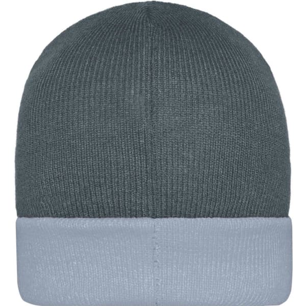 A knitted beanie in dark grey with a light grey cuff, featuring a logo on the cuff.
