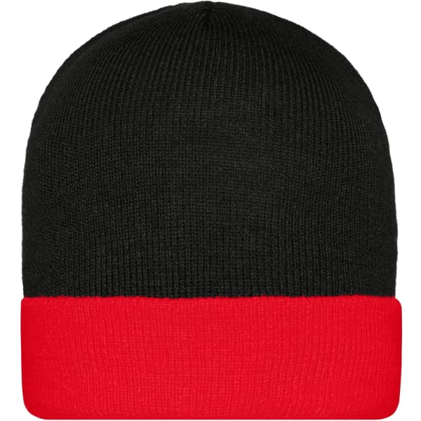 A knitted beanie featuring a black body with a red cuff, designed for warmth and style.
