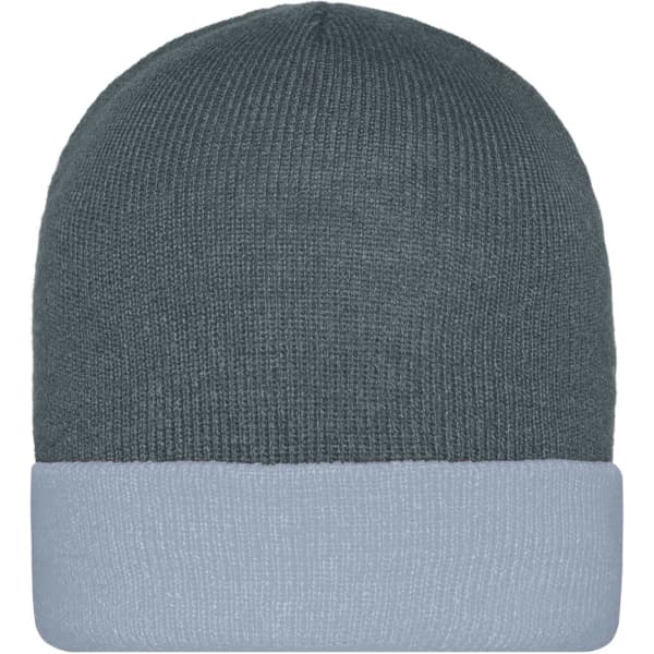 A knitted beanie in dark grey with a light blue cuff at the bottom. It features a logo on the side.