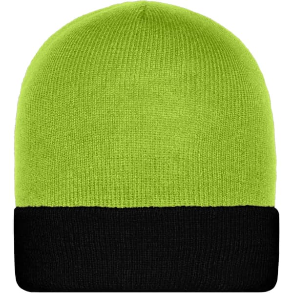 A knitted beanie in vibrant lime green with a black cuff, featuring a logo on the side.