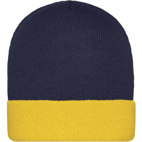 A knitted beanie with a navy blue top and a yellow brim, featuring a logo on the band.