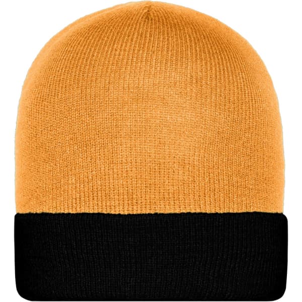 A knitted beanie in orange with a black cuff at the base, featuring a logo on the side.