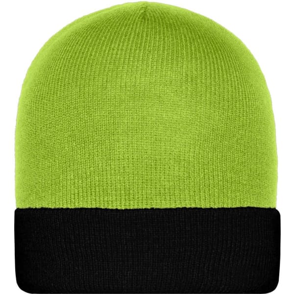 A bright green knitted beanie with a black cuff and a logo on the side.