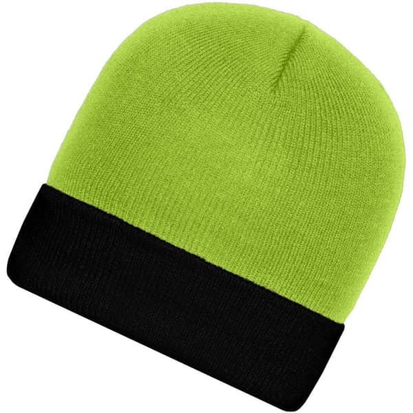 A knitted beanie in bright green with a black cuff, featuring a logo on the front.