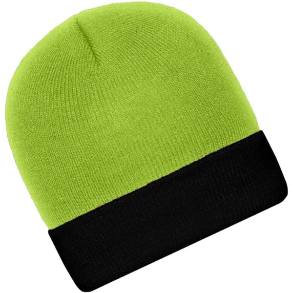 A knitted beanie in bright green with a black cuff, featuring a logo on the side.