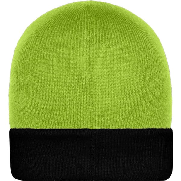 A knitted beanie featuring a bright green top and a black cuff, with a logo on it.