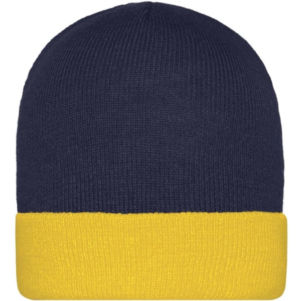 A knitted beanie featuring a navy blue top and a yellow cuff. The beanie has a logo on it.